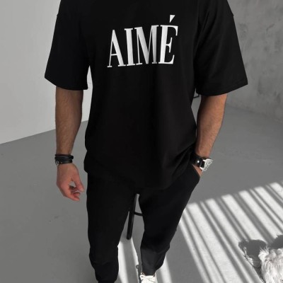 ERKEK Tişört Yakalı Yarım Fermuarlı  Kısa Kol Baskılı T-Shirt - Siyah